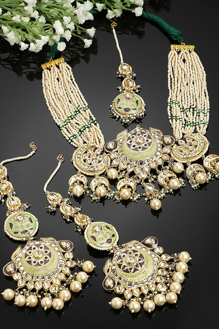 Gold Finish Kundan Polki & Pearl Necklace Set by Dugran By Dugristyle at Pernia's Pop Up Shop