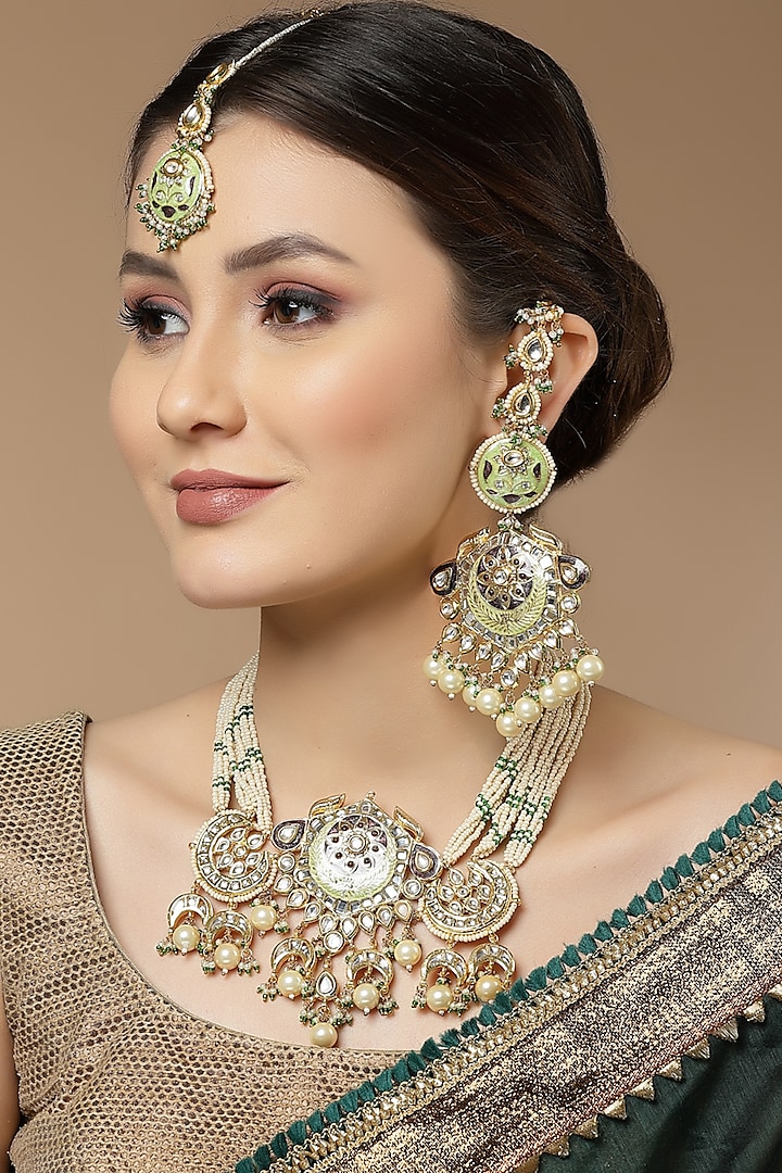 Gold Finish Kundan Polki & Pearl Necklace Set by Dugran By Dugristyle at Pernia's Pop Up Shop