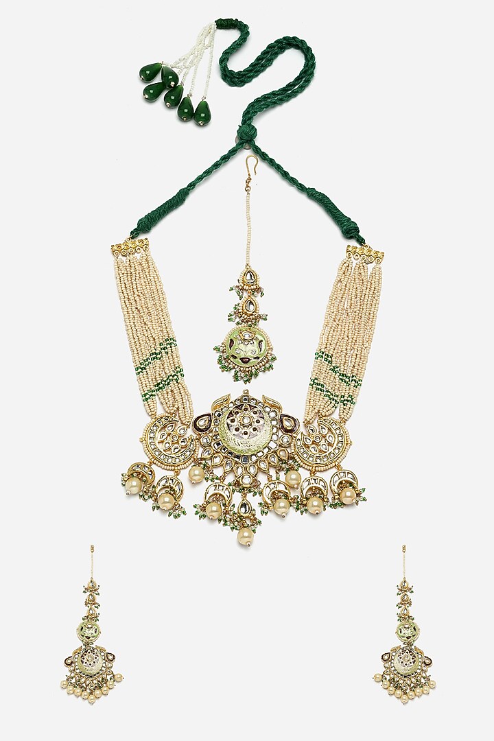 Gold Finish Kundan Polki & Pearl Necklace Set by Dugran By Dugristyle at Pernia's Pop Up Shop