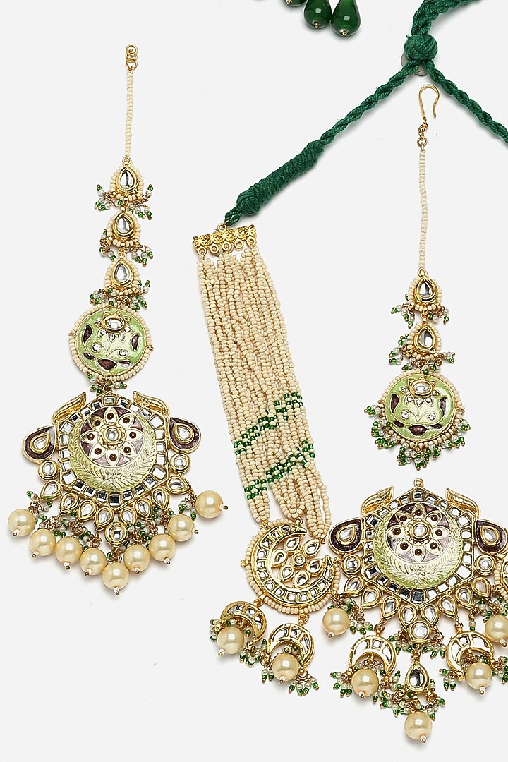 Gold Finish Kundan Polki & Pearl Necklace Set by Dugran By Dugristyle at Pernia's Pop Up Shop