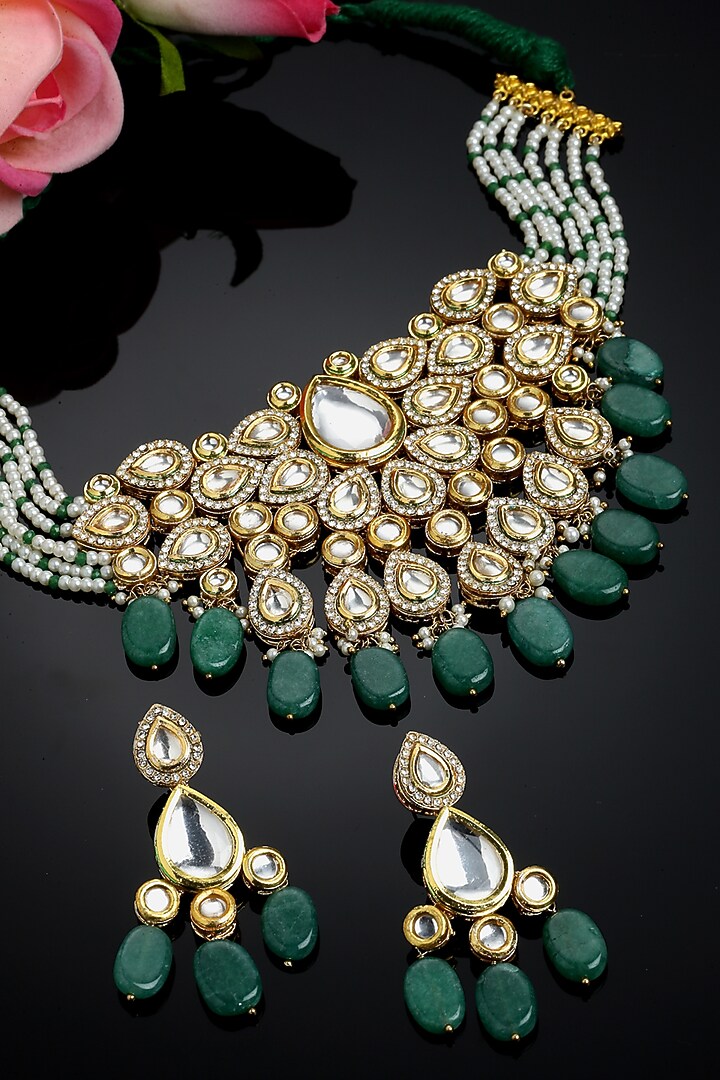 Gold Finish Kundan Polki & Pearl Necklace Set by Dugran By Dugristyle at Pernia's Pop Up Shop