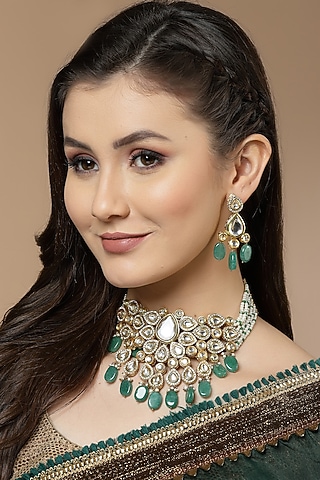 Gold Finish Kundan Polki & Pearl Necklace Set by Dugran By Dugristyle