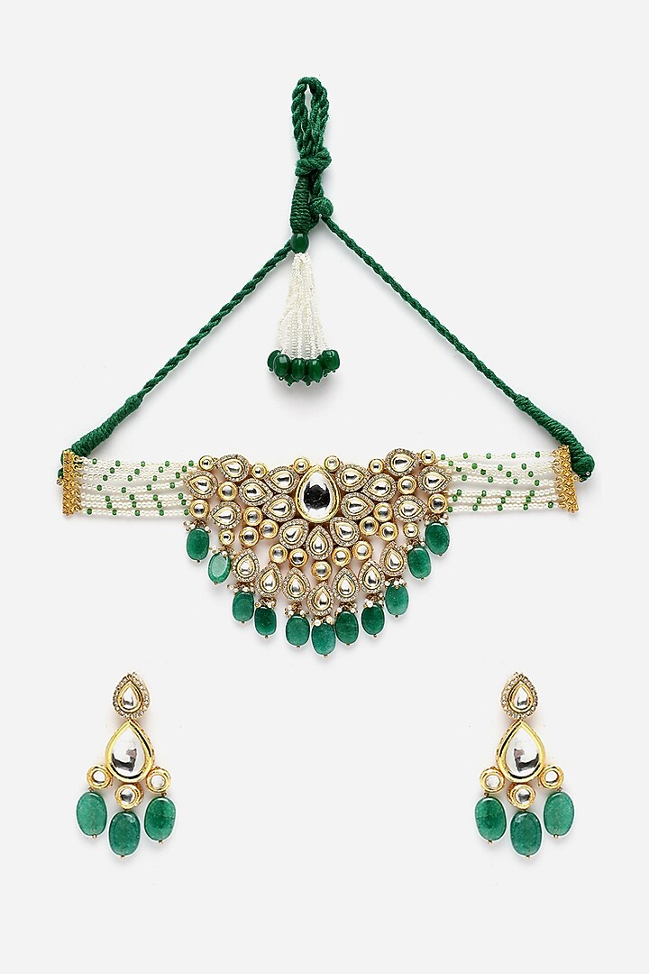 Gold Finish Kundan Polki & Pearl Necklace Set by Dugran By Dugristyle at Pernia's Pop Up Shop