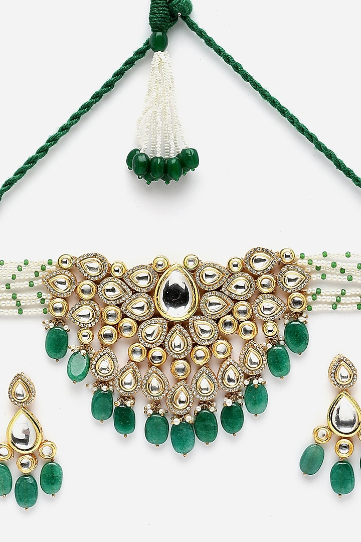 Gold Finish Kundan Polki & Pearl Necklace Set by Dugran By Dugristyle at Pernia's Pop Up Shop