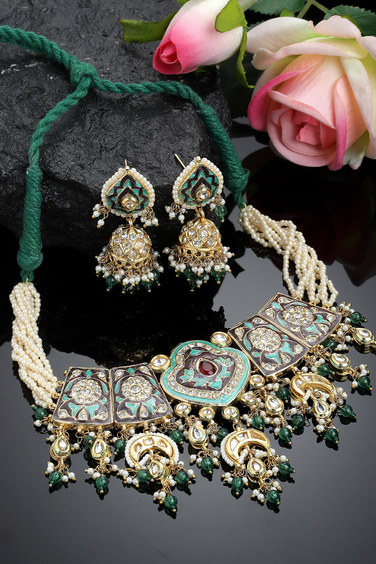 Gold Finish Kundan Polki American Diamond Necklace Set Design by