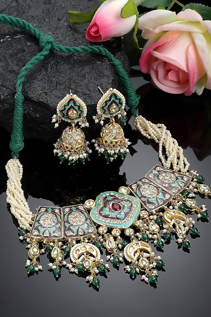 Gold Finish Kundan Polki & American Diamond Necklace Set by Dugran By Dugristyle at Pernia's Pop Up Shop