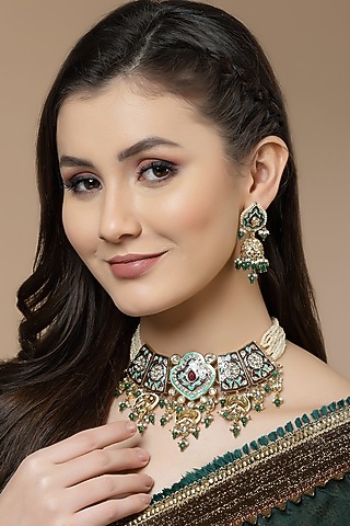 Gold Finish Kundan Polki & American Diamond Necklace Set by Dugran By Dugristyle