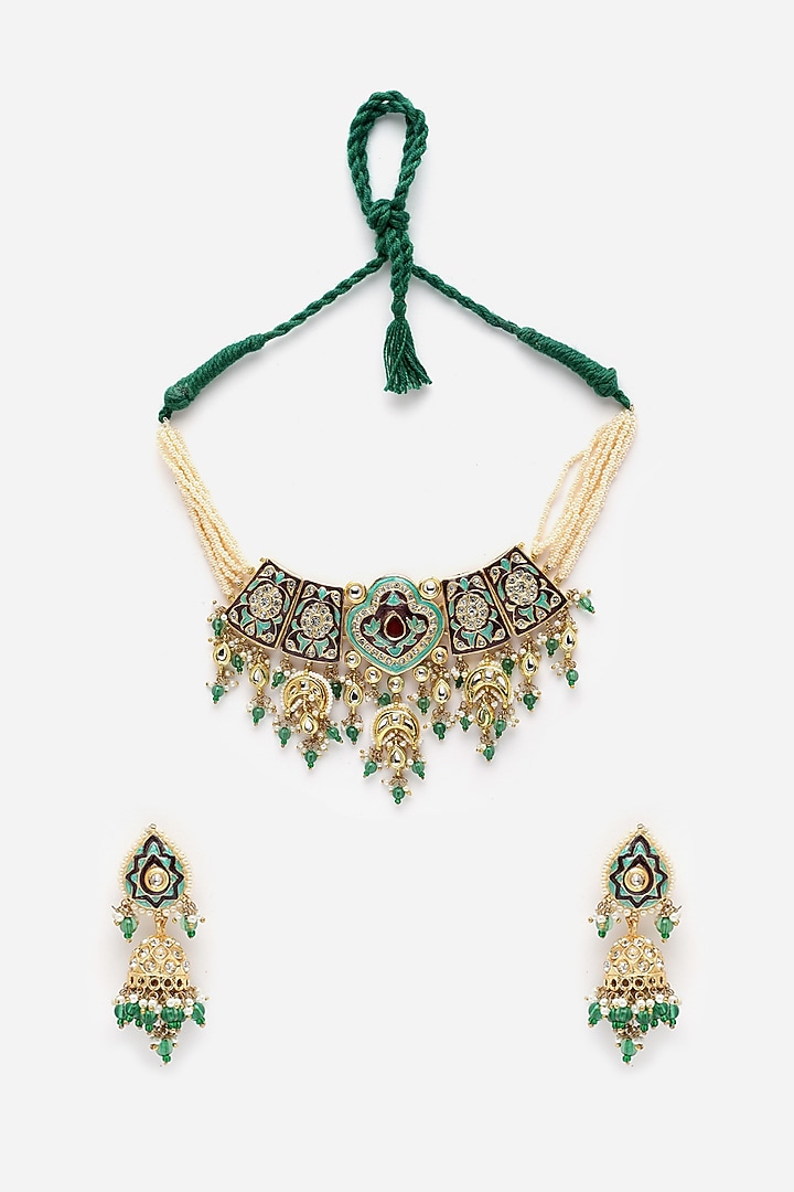 Gold Finish Kundan Polki & American Diamond Necklace Set by Dugran By Dugristyle at Pernia's Pop Up Shop