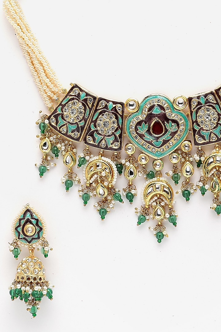 Gold Finish Kundan Polki & American Diamond Necklace Set by Dugran By Dugristyle at Pernia's Pop Up Shop