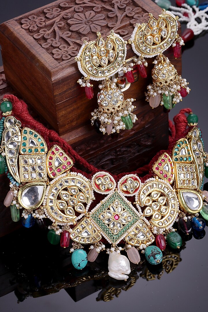 Gold Finish Kundan Polki & American Diamond Necklace Set by Dugran By Dugristyle at Pernia's Pop Up Shop