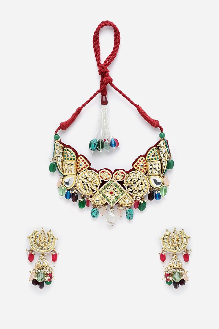 Gold Finish Kundan Polki & American Diamond Necklace Set by Dugran By Dugristyle at Pernia's Pop Up Shop