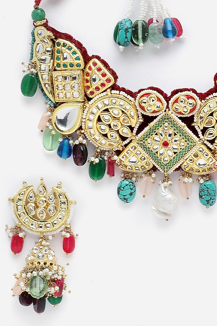 Gold Finish Kundan Polki & American Diamond Necklace Set by Dugran By Dugristyle at Pernia's Pop Up Shop