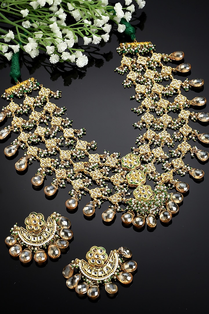 Gold Finish Kundan Polki & Pearl Necklace Set by Dugran By Dugristyle at Pernia's Pop Up Shop