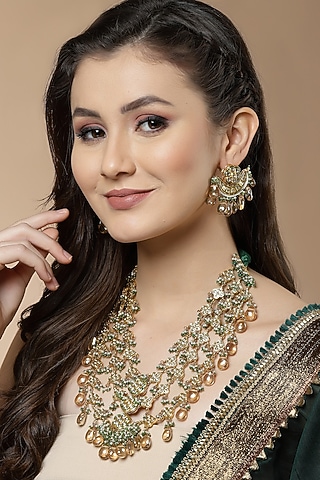 Gold Finish Kundan Polki & Pearl Necklace Set by Dugran By Dugristyle