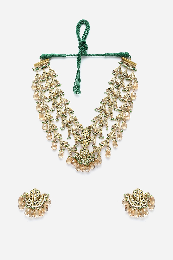 Gold Finish Kundan Polki & Pearl Necklace Set by Dugran By Dugristyle at Pernia's Pop Up Shop