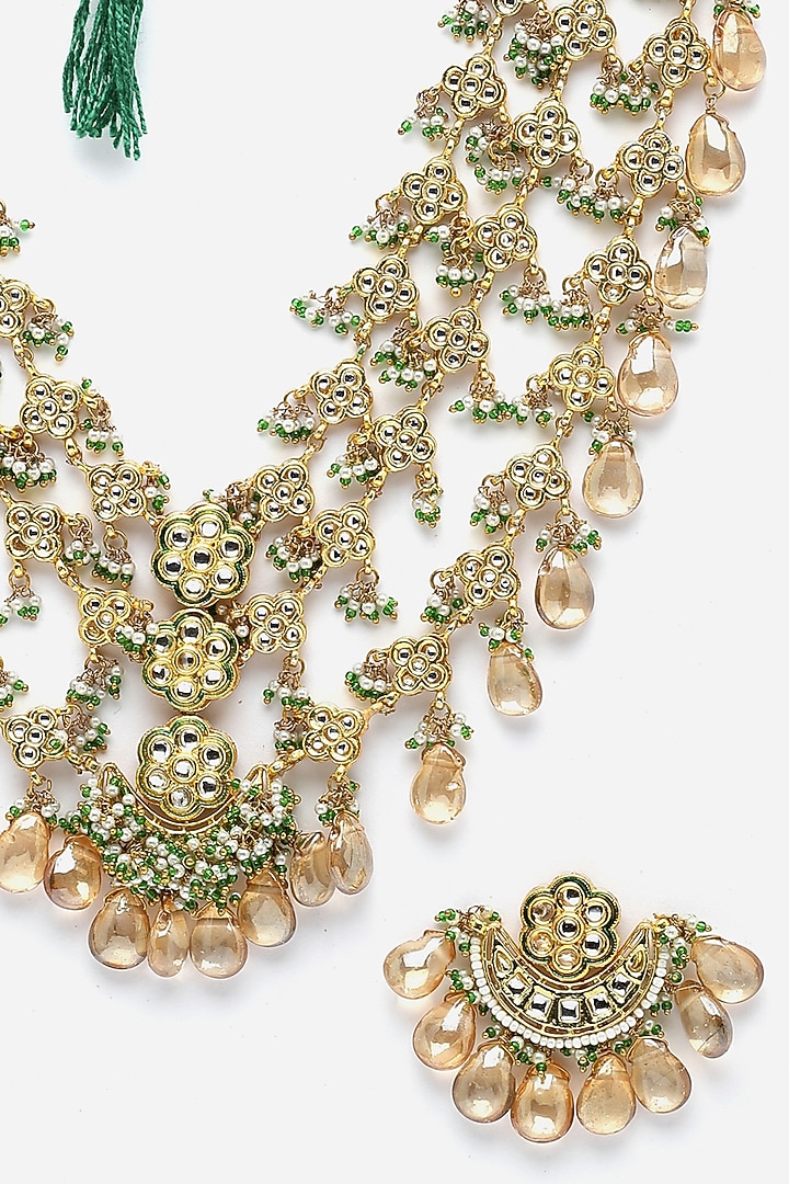 Gold Finish Kundan Polki & Pearl Necklace Set by Dugran By Dugristyle at Pernia's Pop Up Shop