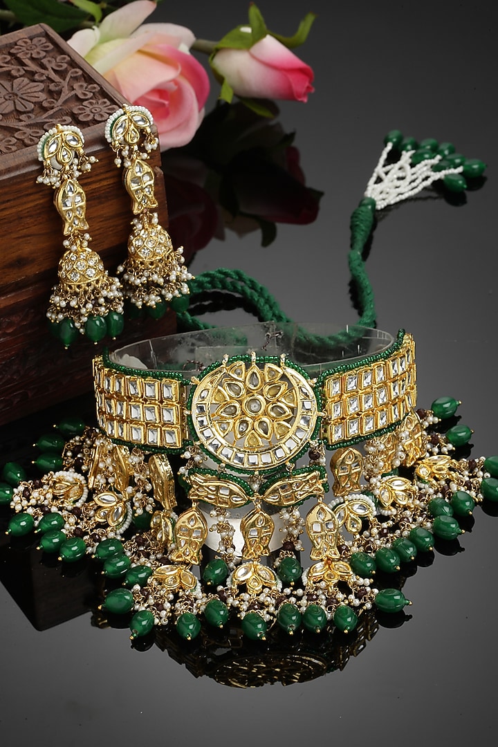 Gold Finish Kundan Polki & Pearl Necklace Set by Dugran By Dugristyle at Pernia's Pop Up Shop