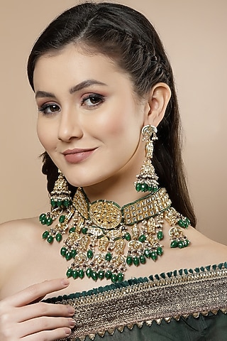 Gold Finish Kundan Polki & Pearl Necklace Set by Dugran By Dugristyle