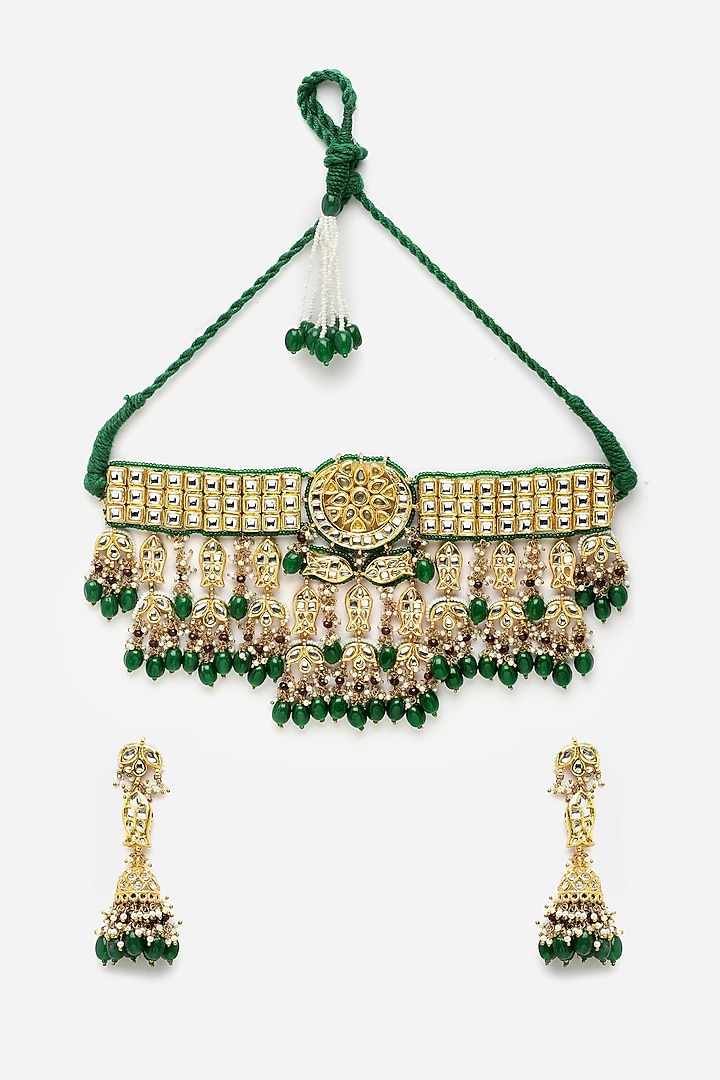 Gold Finish Kundan Polki & Pearl Necklace Set by Dugran By Dugristyle at Pernia's Pop Up Shop