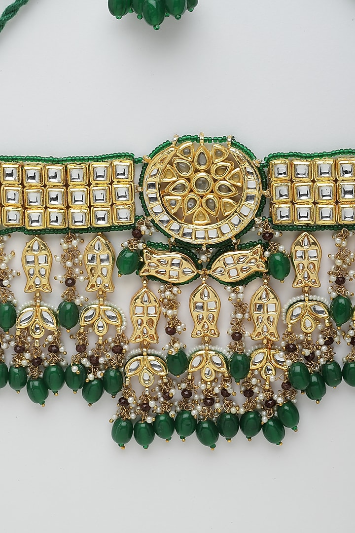Gold Finish Kundan Polki & Pearl Necklace Set by Dugran By Dugristyle at Pernia's Pop Up Shop