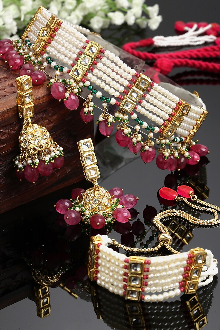 Gold Finish Kundan Polki & Pearl Necklace Set by Dugran By Dugristyle at Pernia's Pop Up Shop