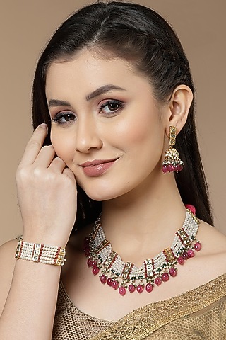 Gold Finish Kundan Polki & Pearl Necklace Set by Dugran By Dugristyle