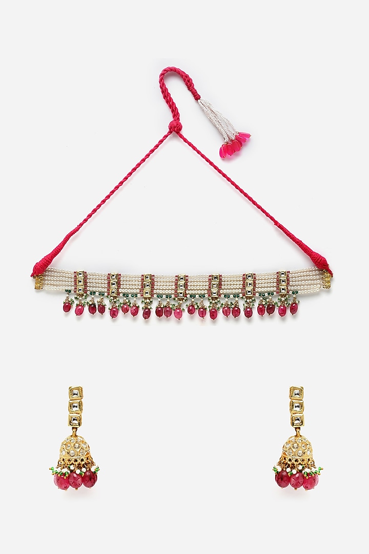Gold Finish Kundan Polki & Pearl Necklace Set by Dugran By Dugristyle at Pernia's Pop Up Shop