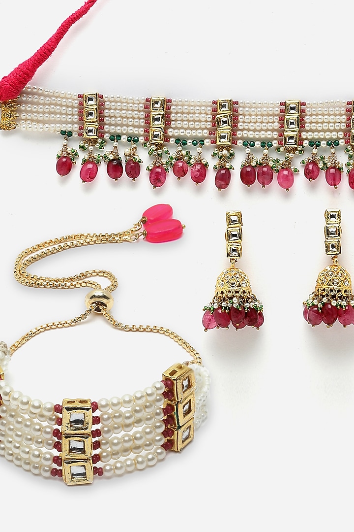 Gold Finish Kundan Polki & Pearl Necklace Set by Dugran By Dugristyle at Pernia's Pop Up Shop