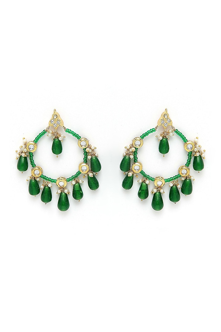 Gold Finish Faux Emeralds & Kundan Polki Chandbali Earrings by Dugran By Dugristyle