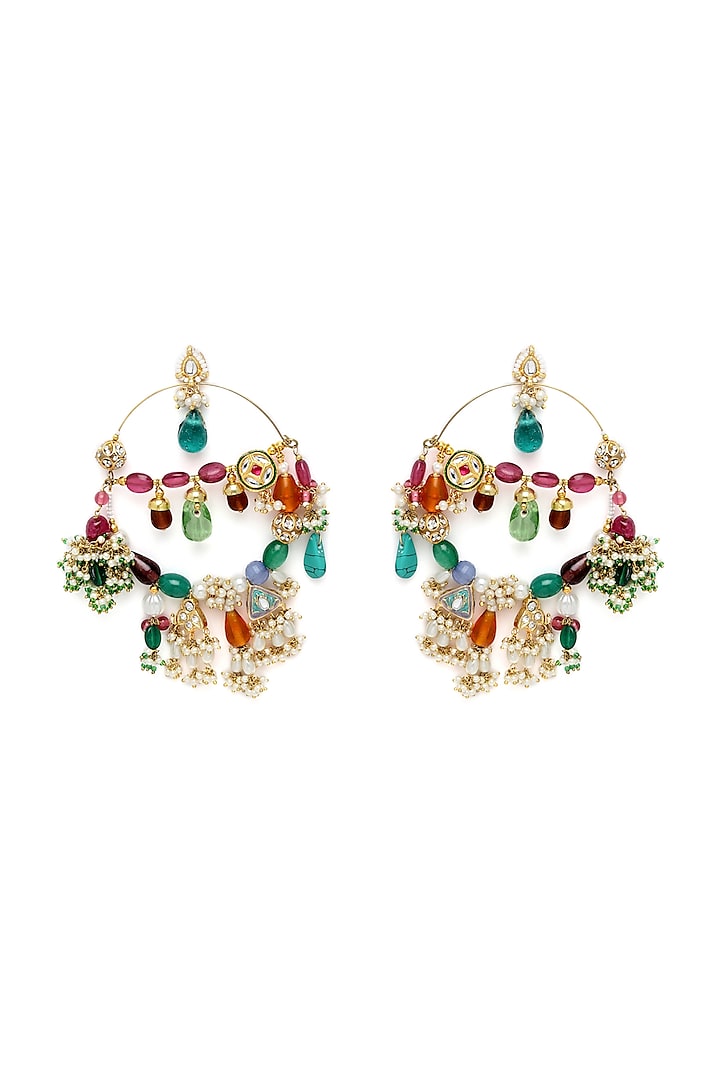 Gold Finish Chandbali Earrings With Faux Emeralds & Kundan Polki by Dugran By Dugristyle