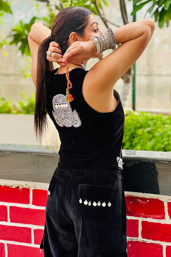 Black Velvet Coin Embellished Waistcoat Set by Ashna Vaswani at Pernia's Pop Up Shop