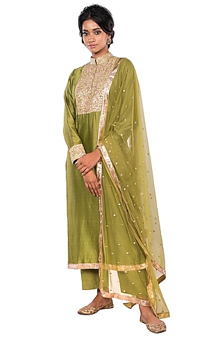 Olive Green Embroidered Long Kurta Set by Debarun