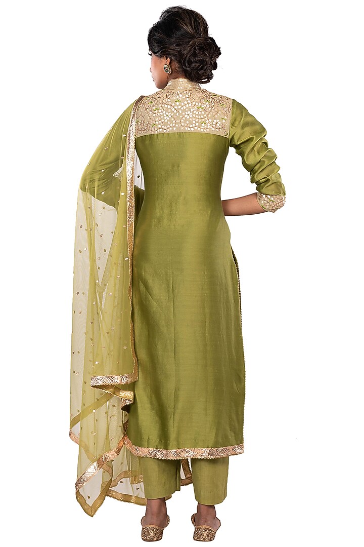 Olive Green Embroidered Long Kurta Set by Debarun at Pernia's Pop Up Shop