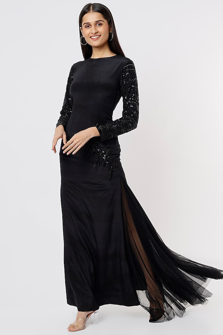 Black Embroidered Maxi Dress by Debarun