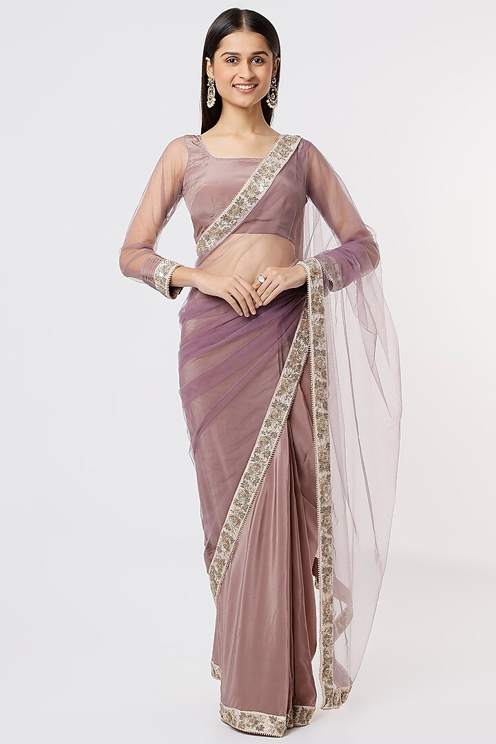 Dull Onion Pink Embroidered Saree Set by Debarun