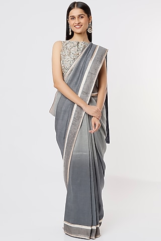 Grey Chanderi Silk Saree Set by Debarun