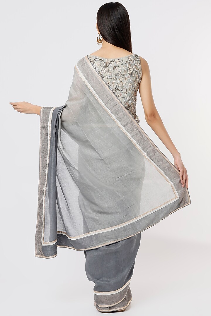 Grey Chanderi Silk Wedding Saree Set by Debarun at Pernia's Pop Up Shop