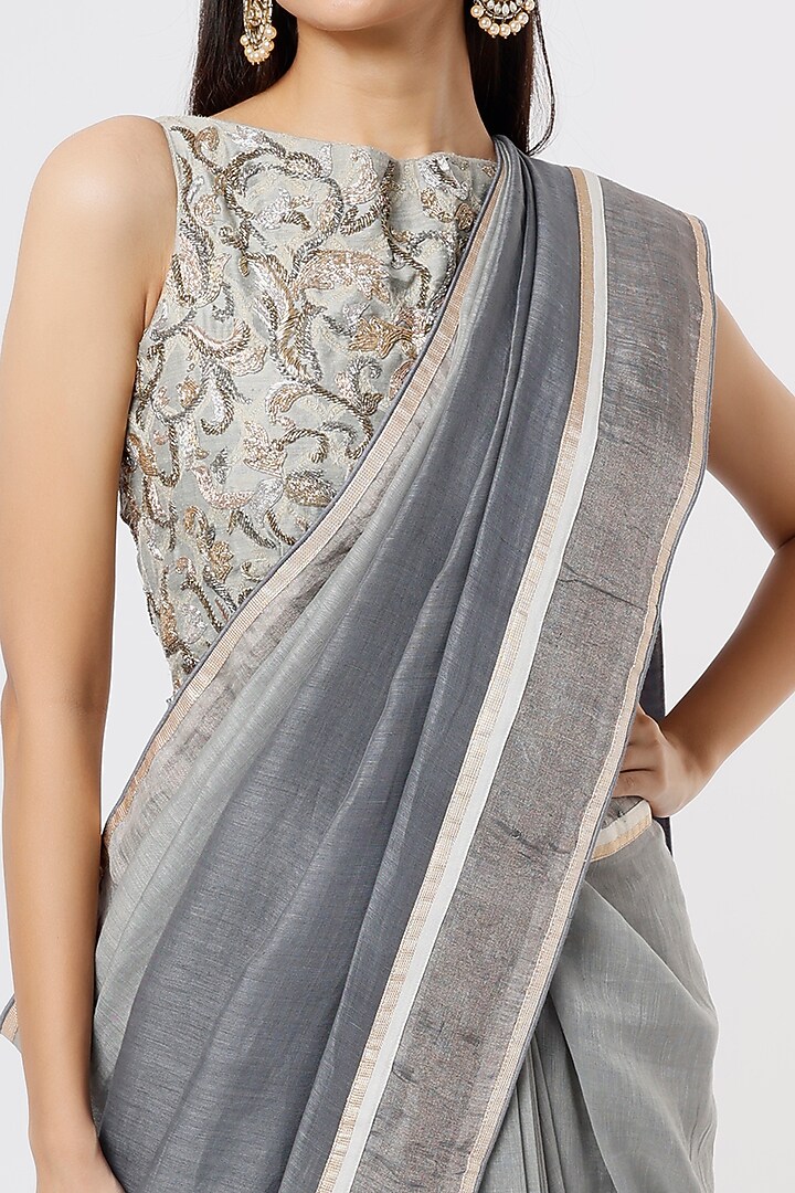 Grey Chanderi Silk Wedding Saree Set by Debarun at Pernia's Pop Up Shop