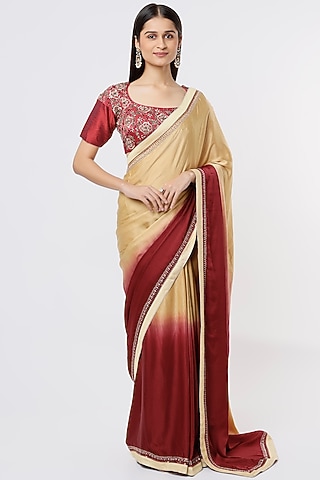 Maroon-Beige Satin Silk Saree Set by Debarun