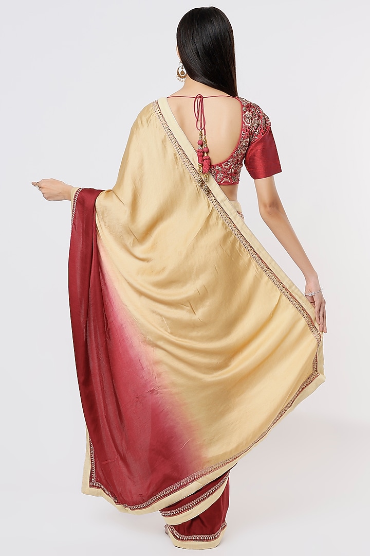 Maroon-Beige Satin Silk Wedding Saree Set by Debarun at Pernia's Pop Up Shop