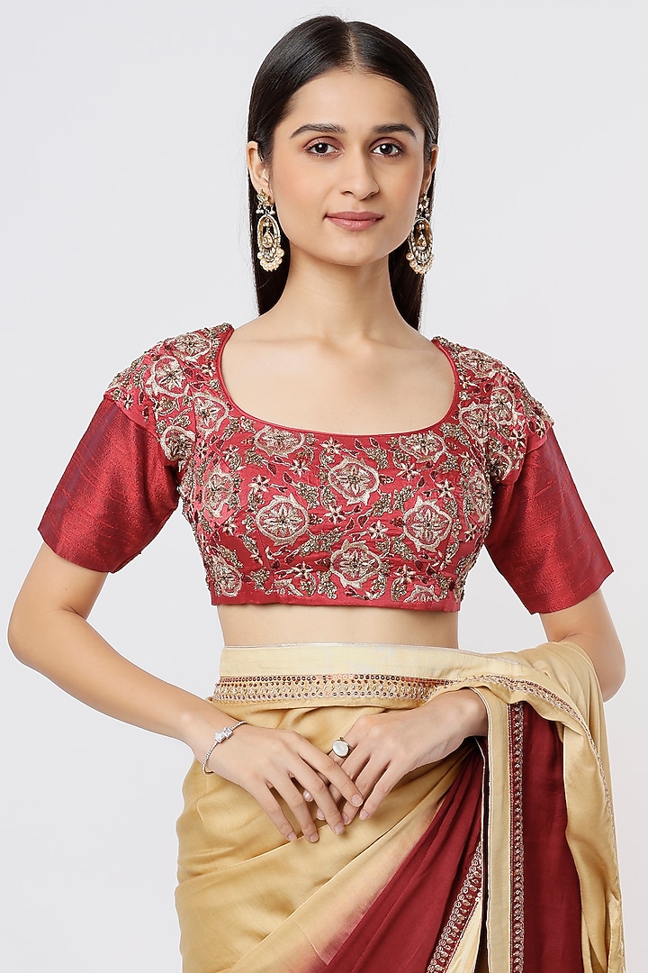 Maroon-Beige Satin Silk Wedding Saree Set by Debarun at Pernia's Pop Up Shop