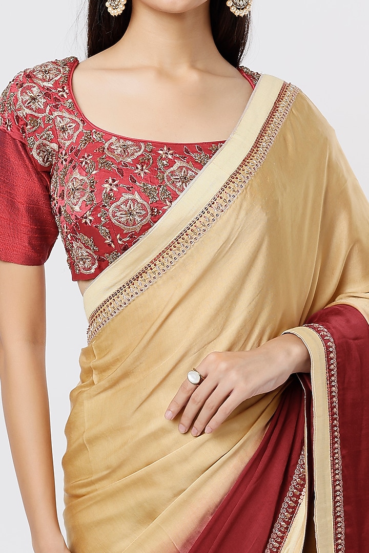 Maroon-Beige Satin Silk Wedding Saree Set by Debarun at Pernia's Pop Up Shop