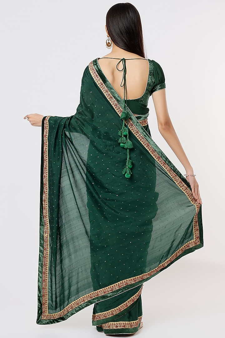 Bottle Green Crepe Silk Wedding Saree Set by Debarun at Pernia's Pop Up Shop