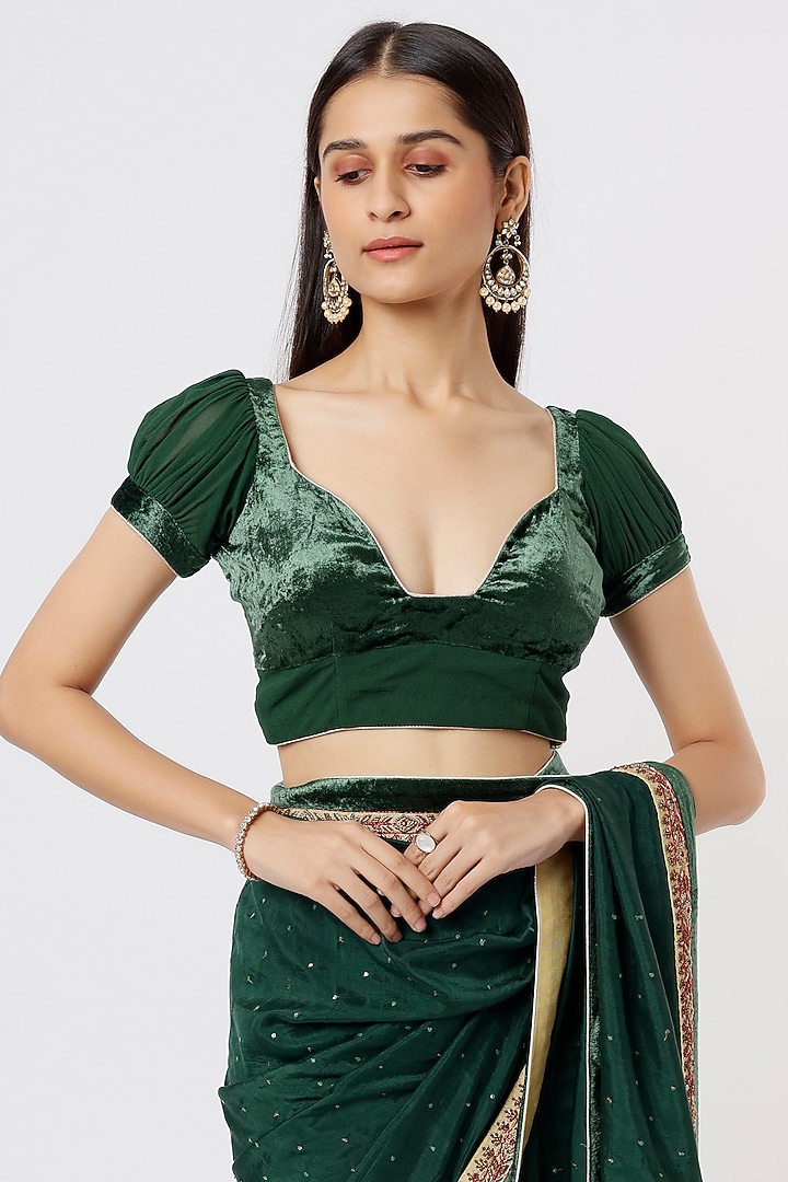 Bottle Green Crepe Silk Wedding Saree Set by Debarun at Pernia's Pop Up Shop