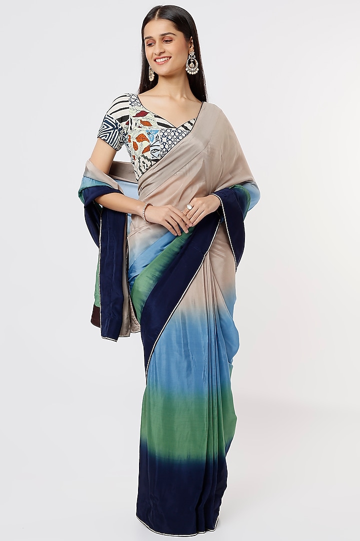 Multi-Colored Crepe Silk Saree Set by Debarun