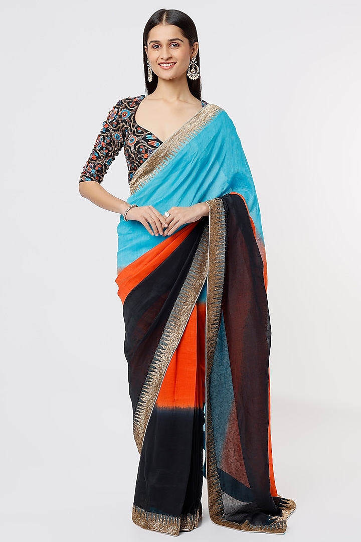 Multi-Colored Chanderi Silk Saree Set by Debarun