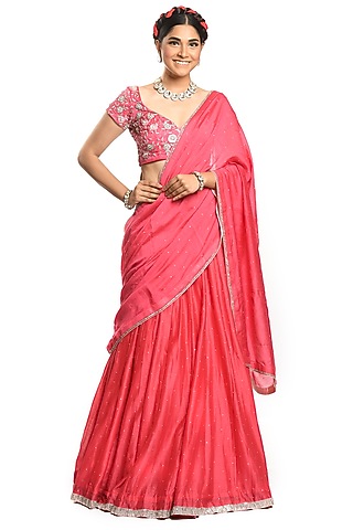 Pink Chanderi Lehenga Set by Debarun