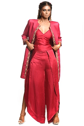 Magenta Embroidered Jacket Set by Debarun