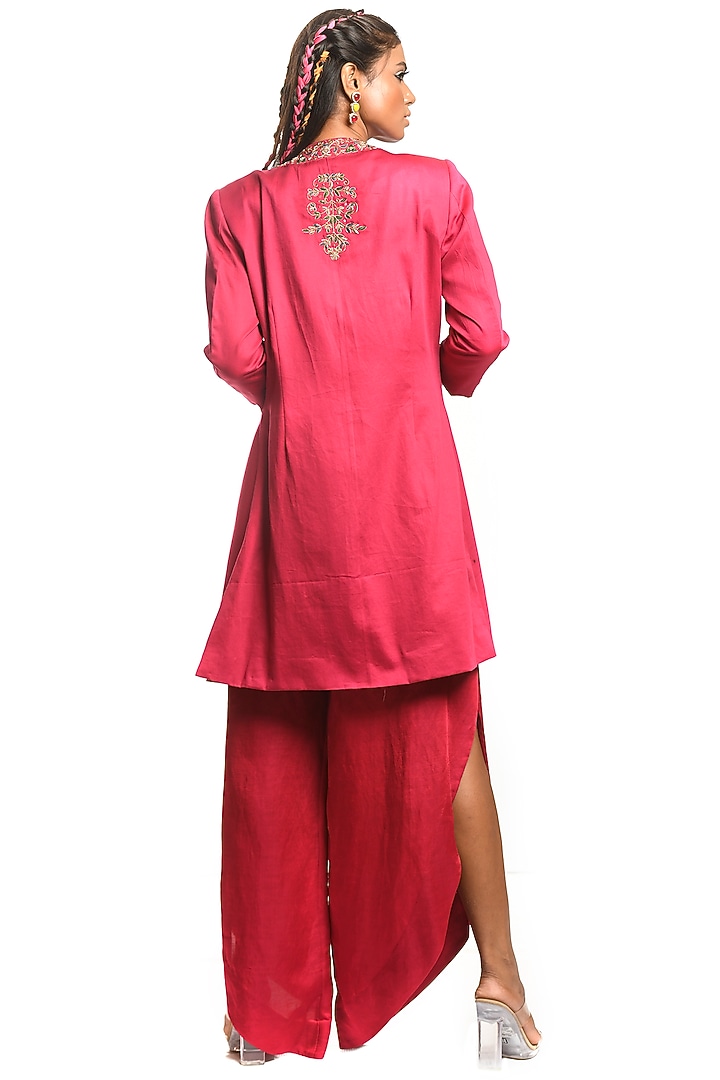 Magenta Embroidered Jacket Set by Debarun at Pernia's Pop Up Shop