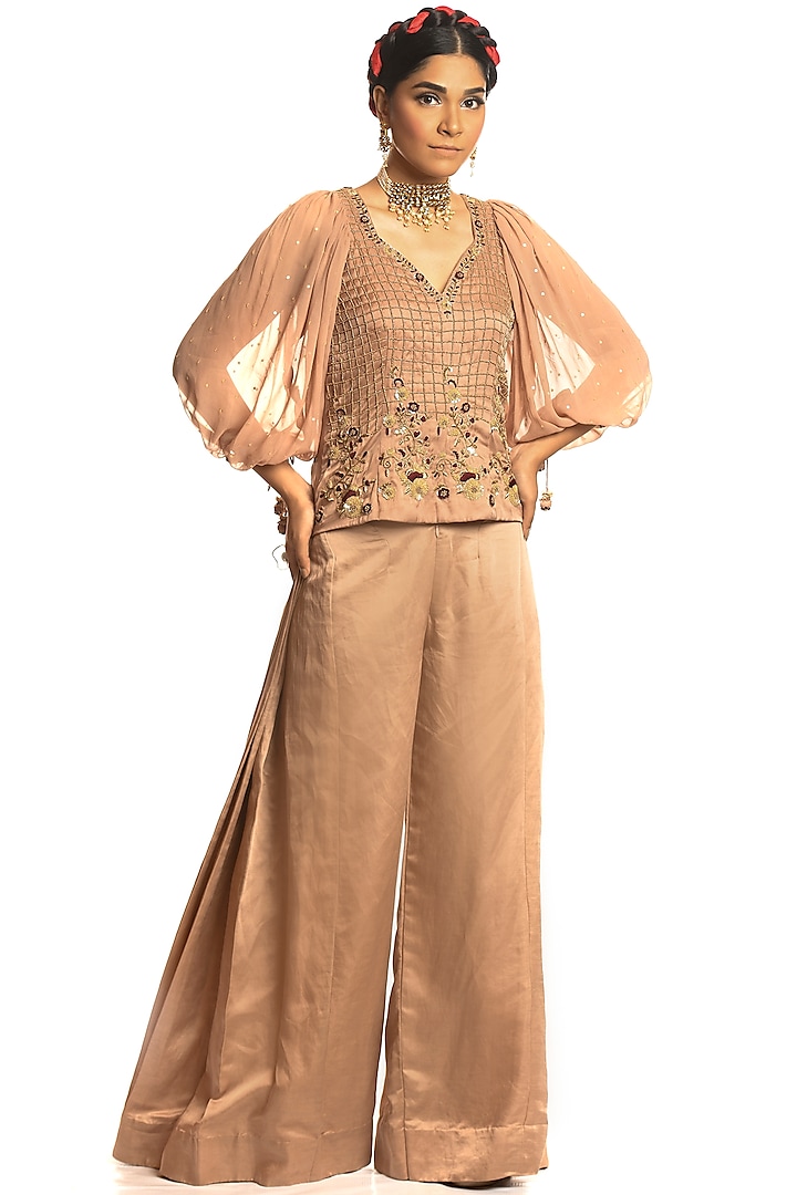 Beige Silk Pant Set by Debarun at Pernia's Pop Up Shop